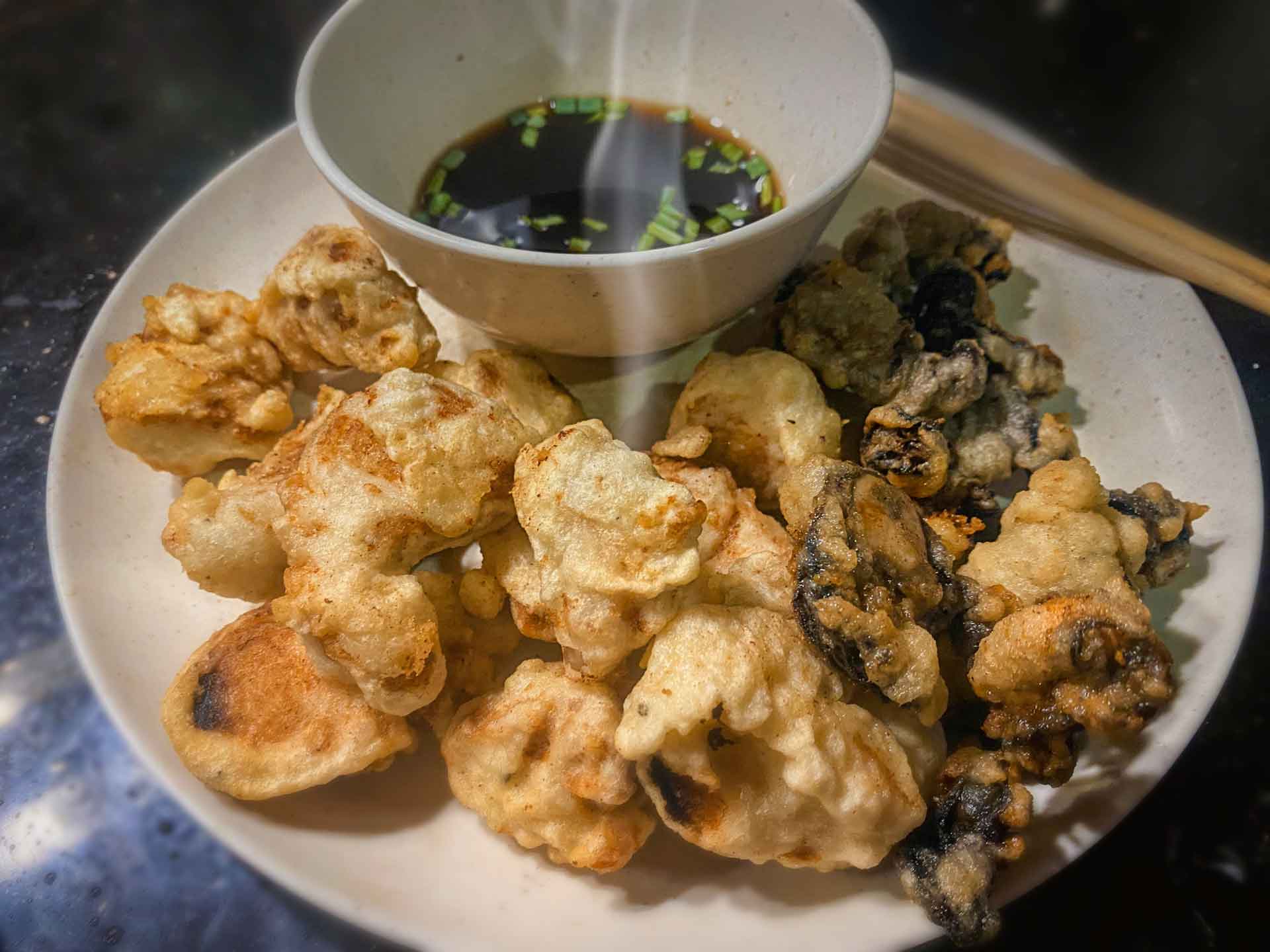 Tempura Oysters and Tempura Mackerel