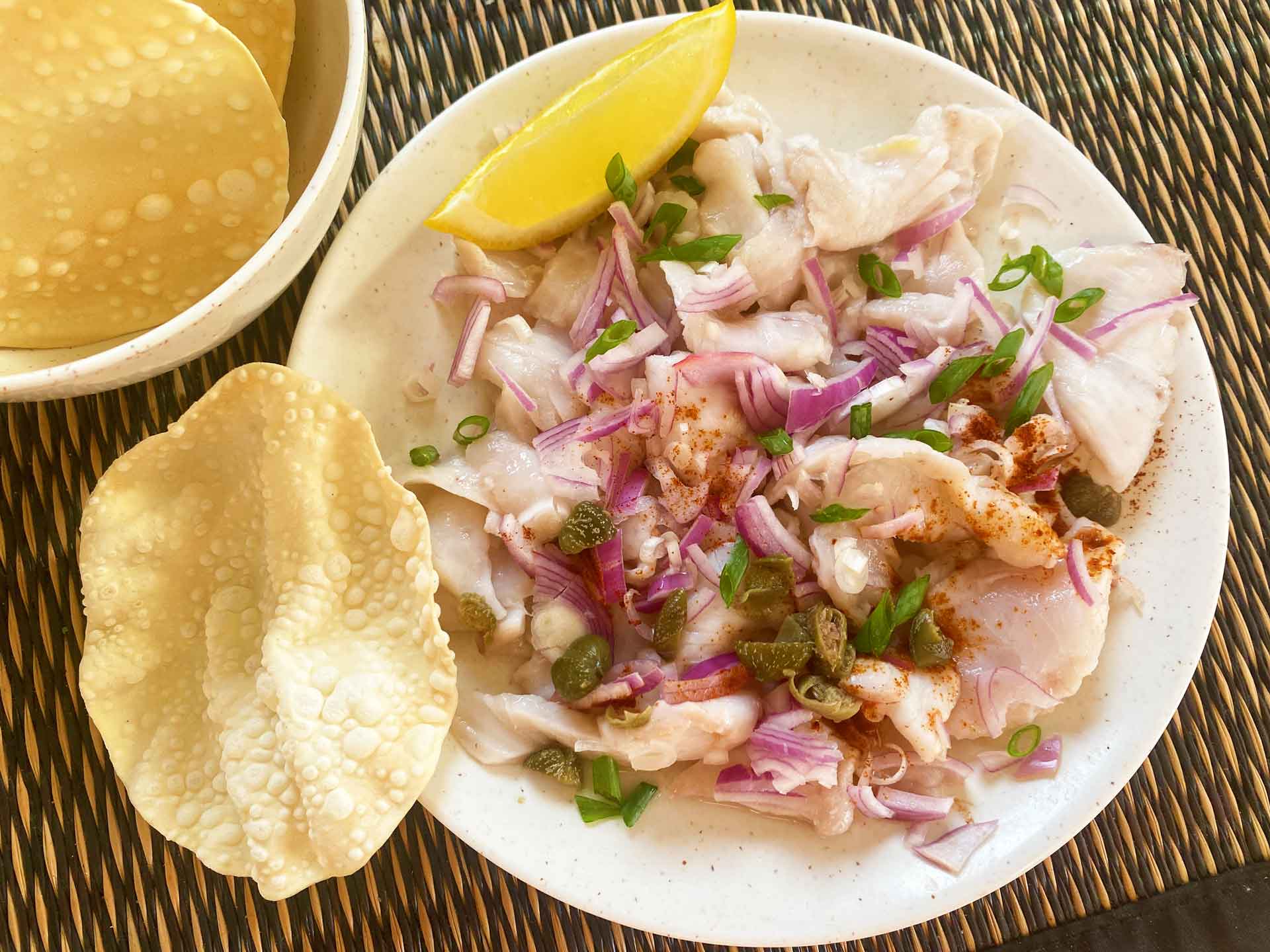 Ceviche served with poppadoms